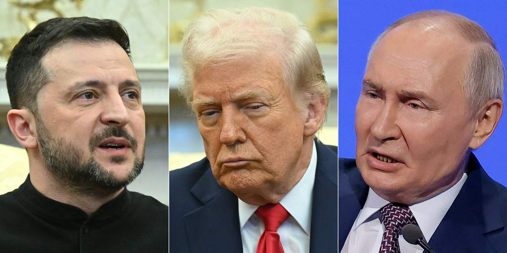 Ukrainian President Volodymyr Zelensky, U.S. President Donald Trump, and Russian President Vladimir Putin
