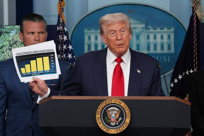 US President Donald Trump speaks to the press about deploying federal law enforcement agents in Washington